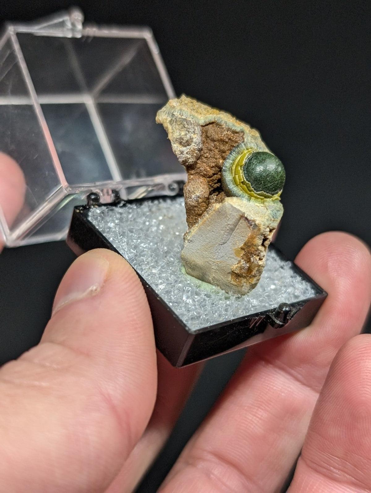 A polished green spherical mineral specimen nestled in a rough, earthy matrix with yellowish bands and set within a black display base.