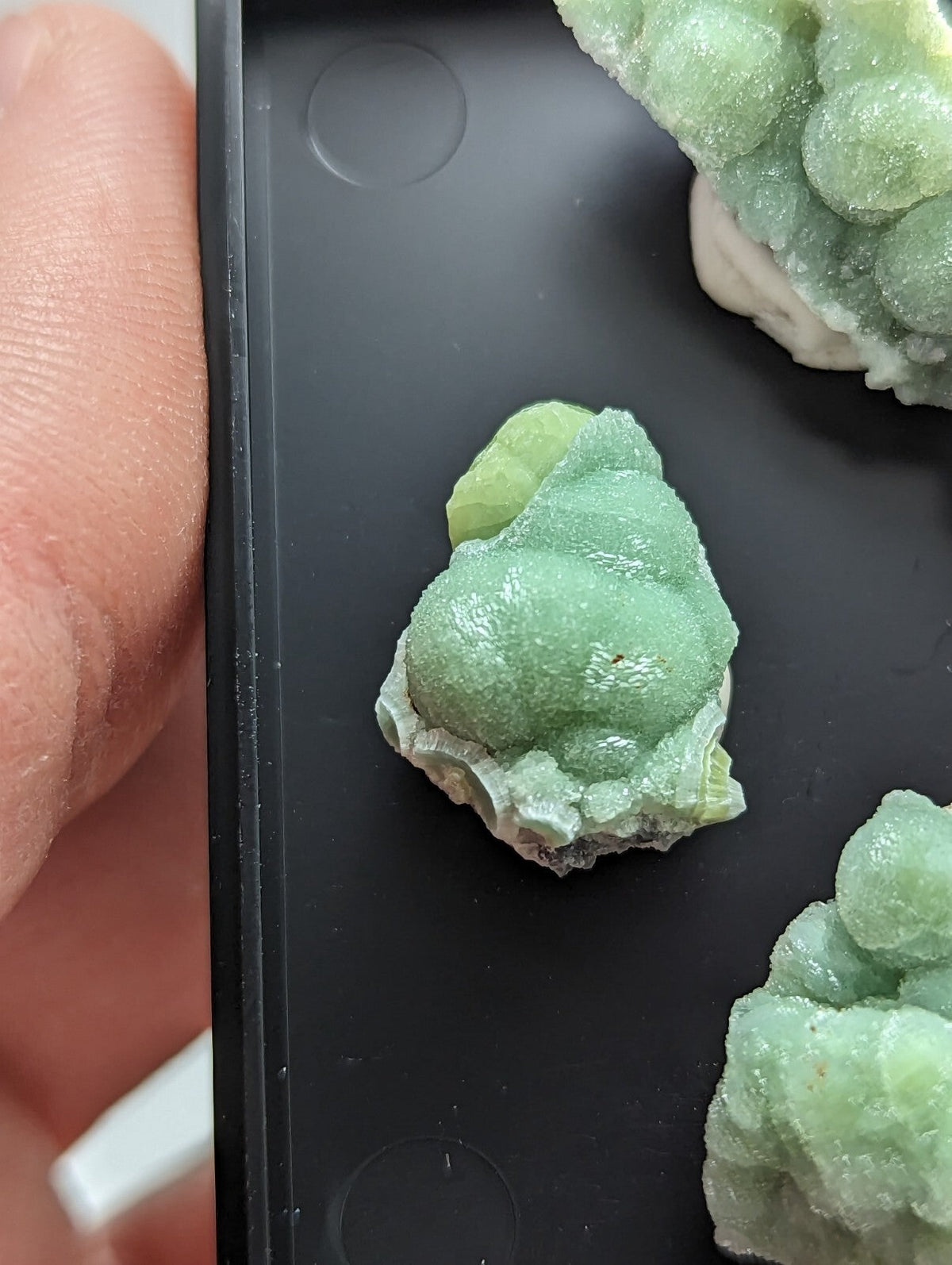 A green, textured mineral specimen with a crystalline, bubbly surface and a rough-edged base.