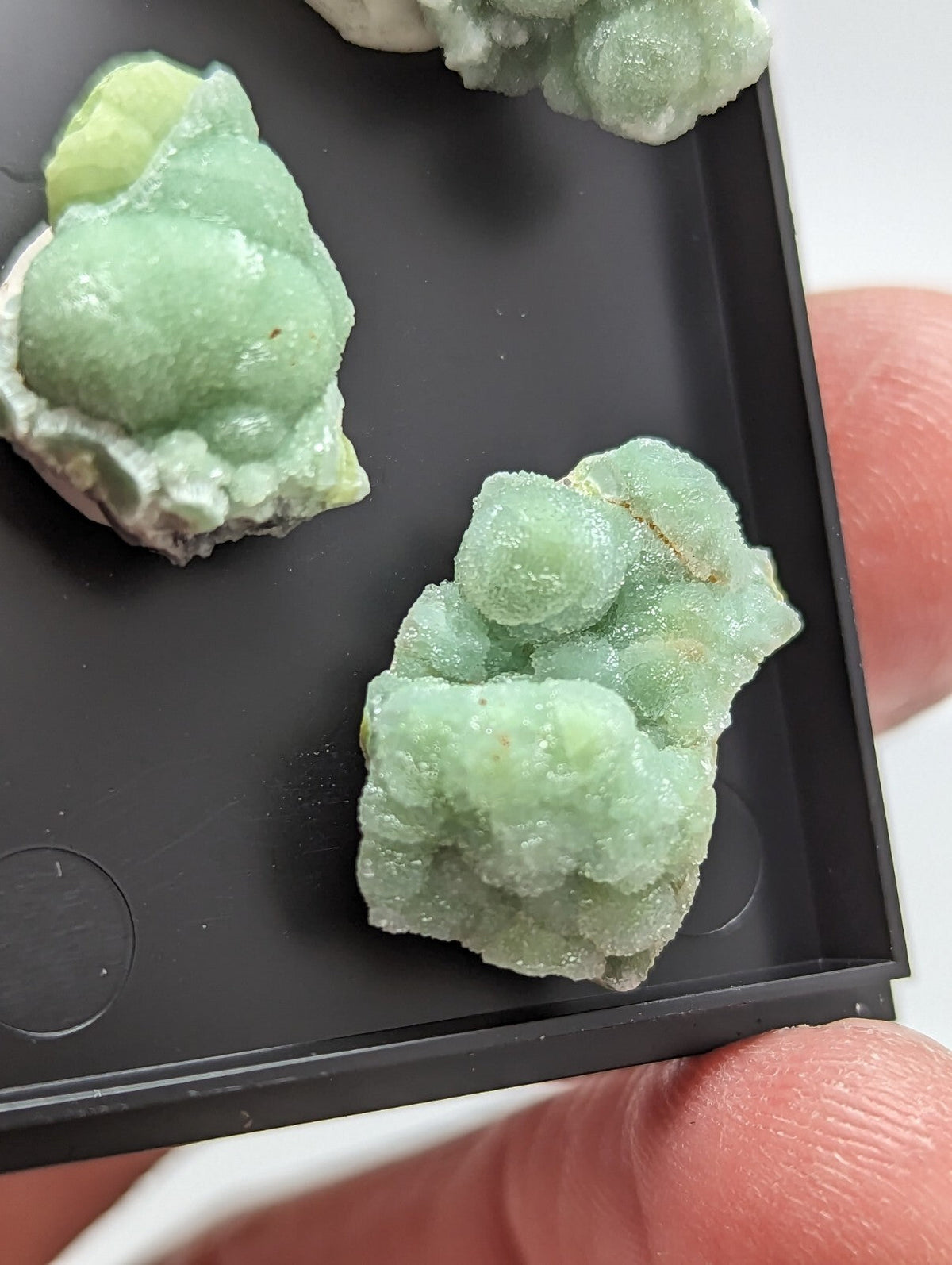 Two light green, crystalline mineral specimens with a rough, textured surface and some white matrix material.