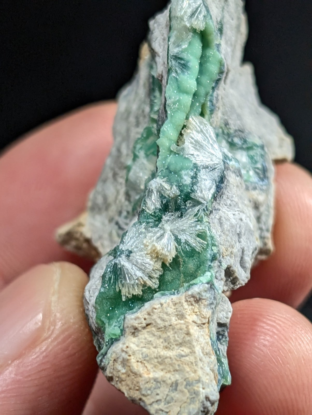 A hand holds a natural mineral specimen featuring vibrant green, radiating crystal formations embedded in a rough, grayish matrix.