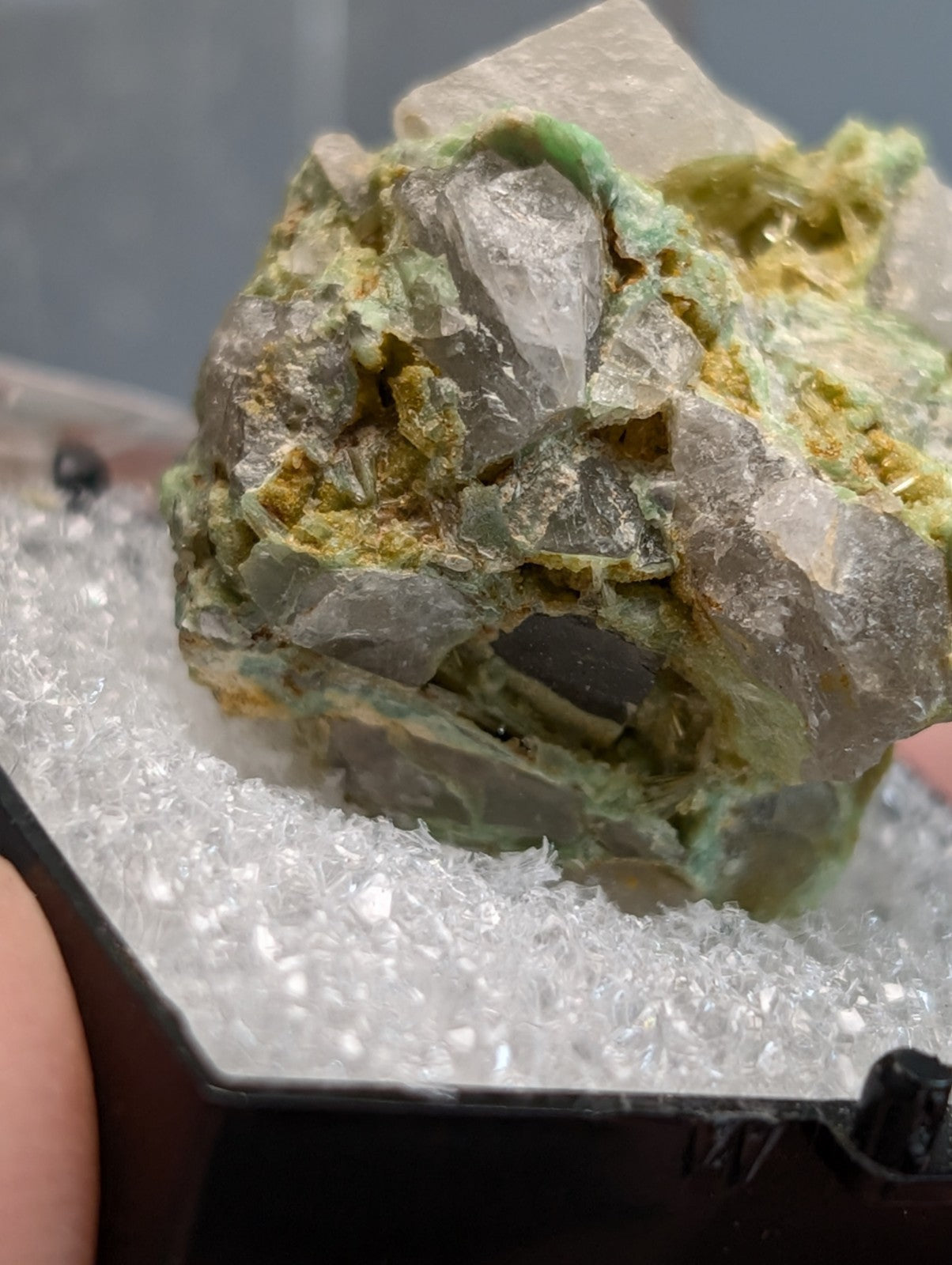 Translucent green and gray wavellite on variscite mineral specimen with crystalline formations from Polk County Arkansas