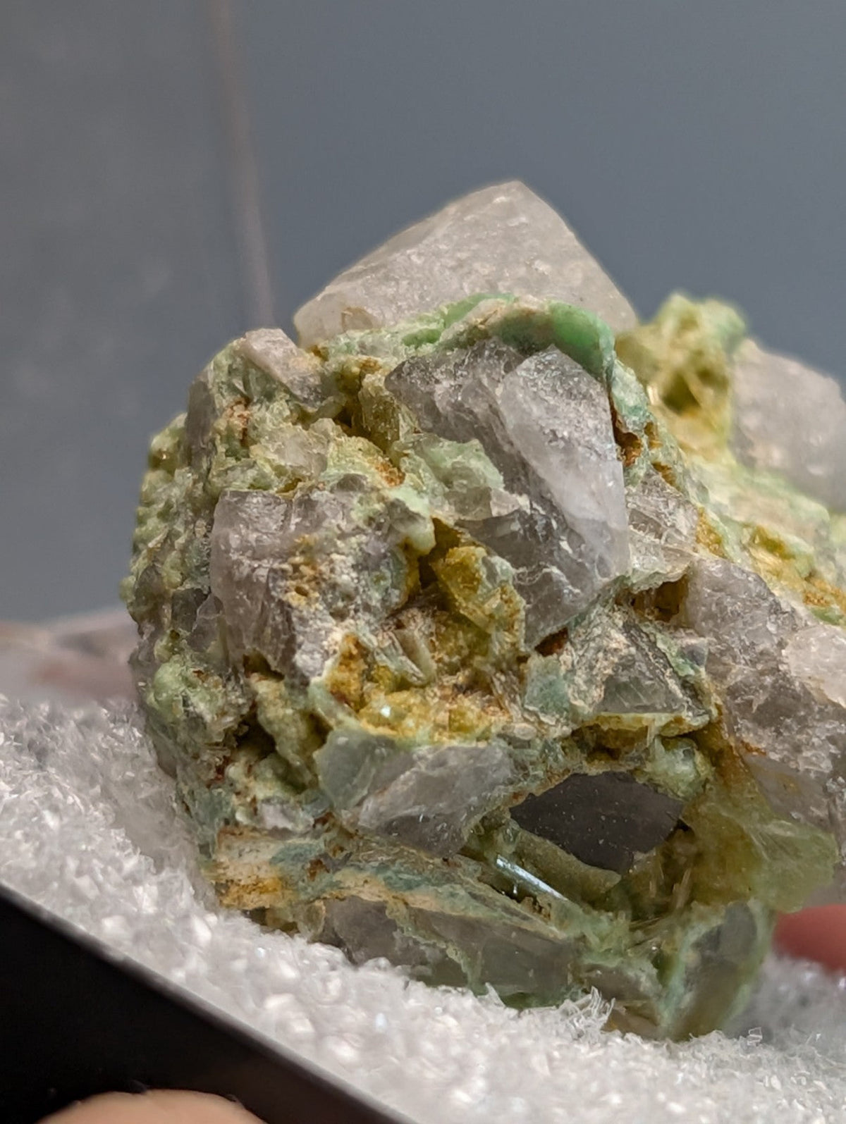 Wavellite on variscite mineral specimen with translucent green and white crystalline formations from Arkansas