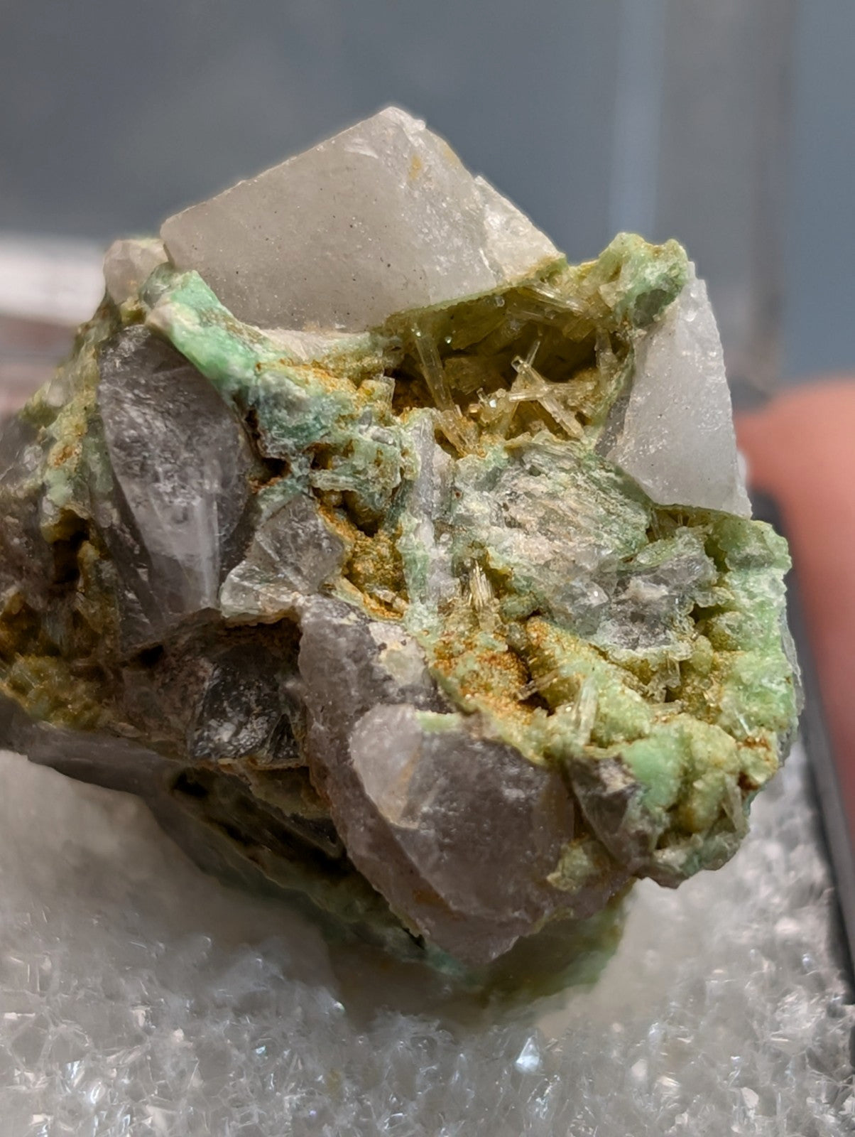 Translucent quartz crystal cluster with green and yellow mineral inclusions wavellite on variscite from polk county arkansas