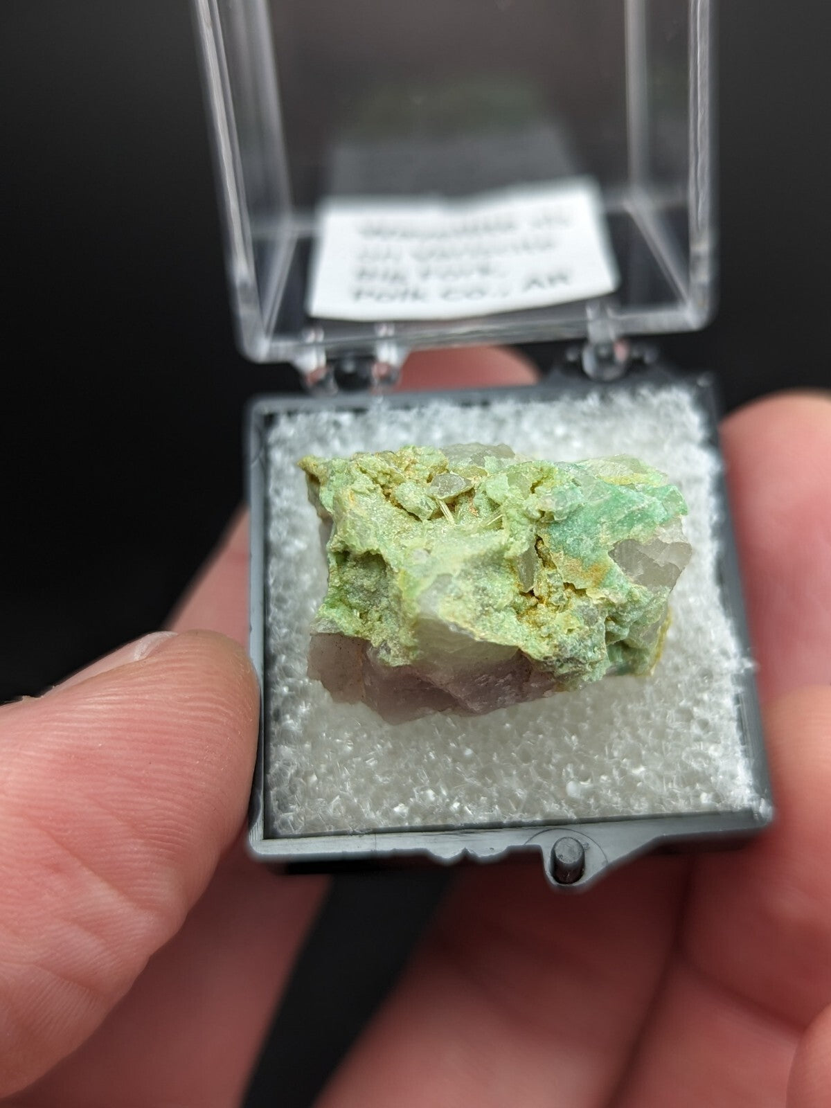 A green and white mineral specimen nestled in a clear plastic display case.