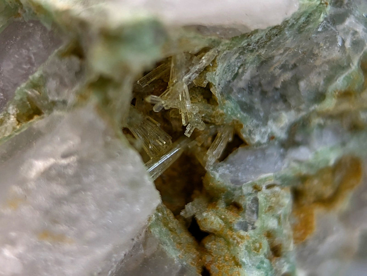 Clear translucent wavellite crystal formations on greenish gray variscite matrix rare old stock from polk county arkansas