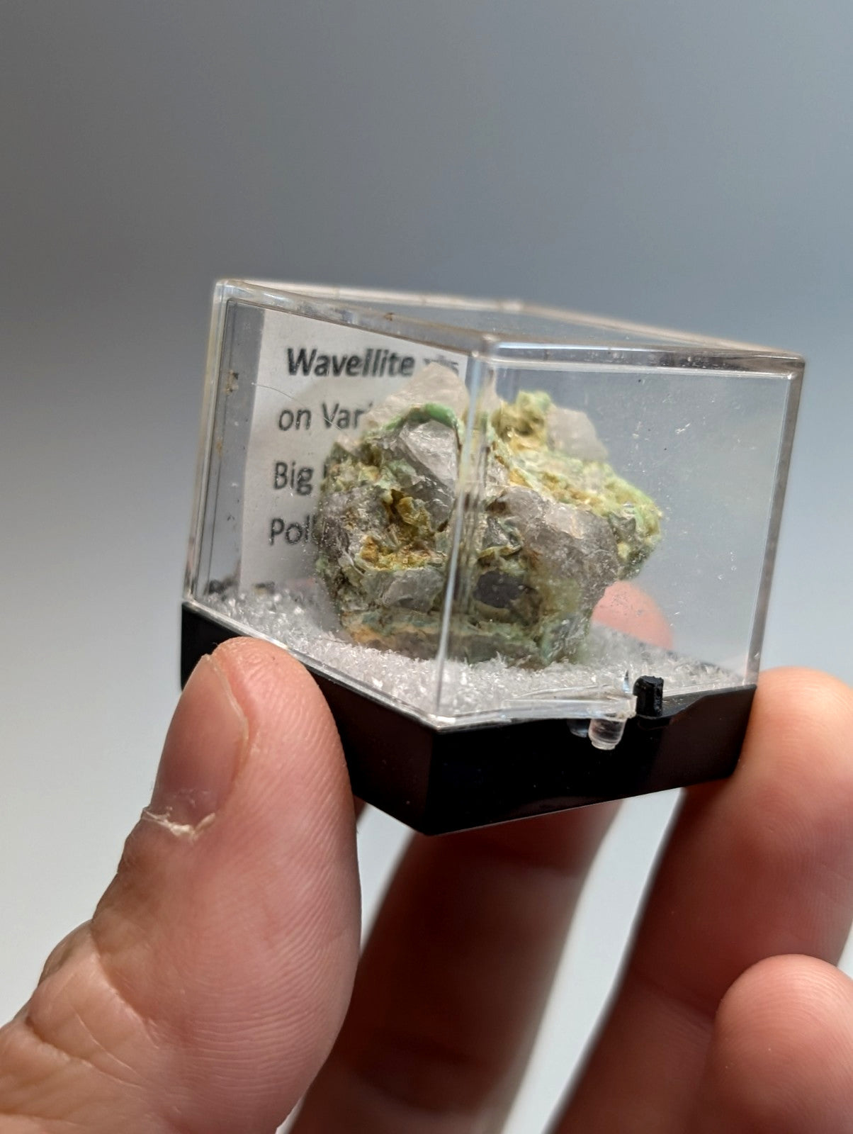 Wavellite on variscite mineral specimen green and white in clear acrylic display case with black base from Arkansas