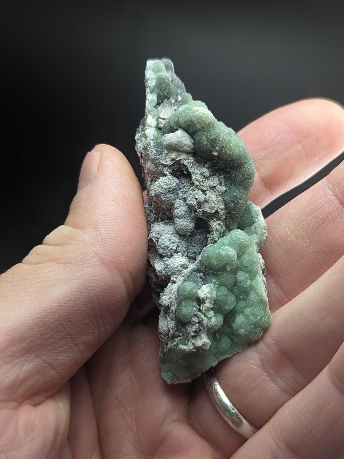 A hand holds a green, textured mineral specimen with rounded nodules and grayish matrix.