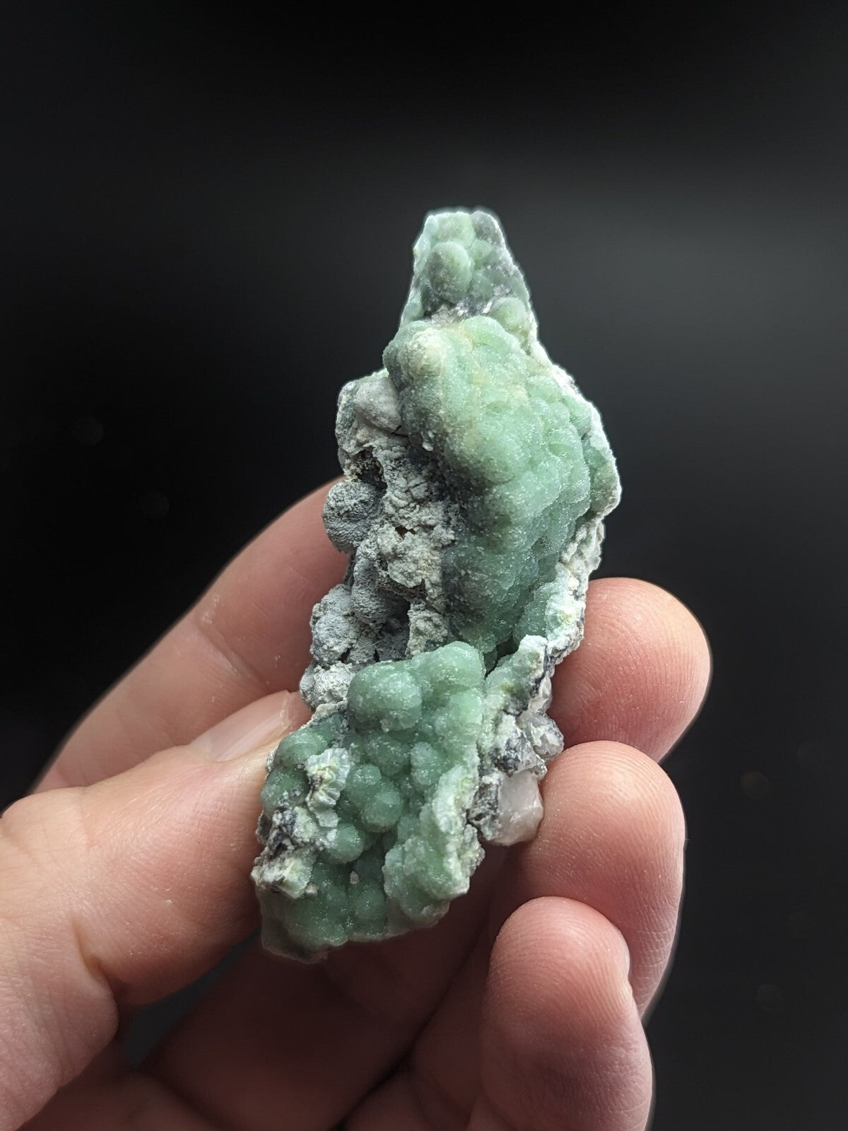 A hand holds a natural green mineral specimen with rounded, clustered crystals embedded in a grayish matrix.