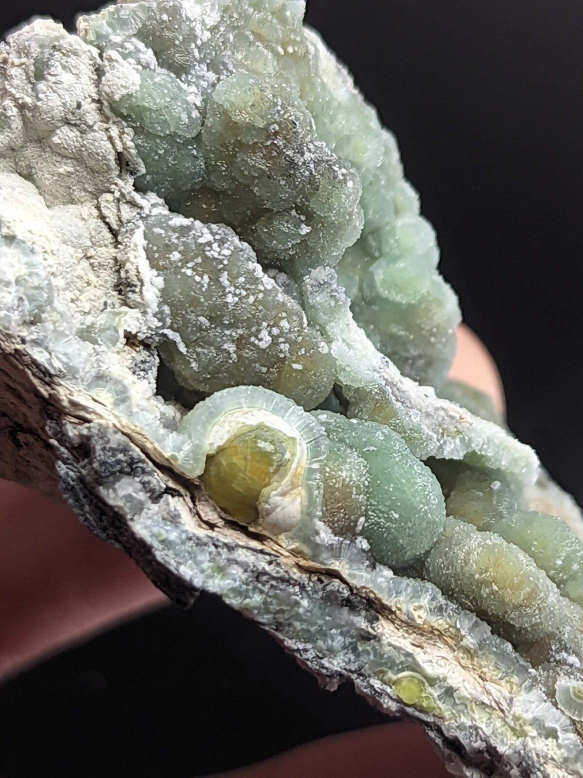 A translucent green and yellow mineral specimen with a crystalline, bubbly texture growing from a rough, grayish rock matrix.