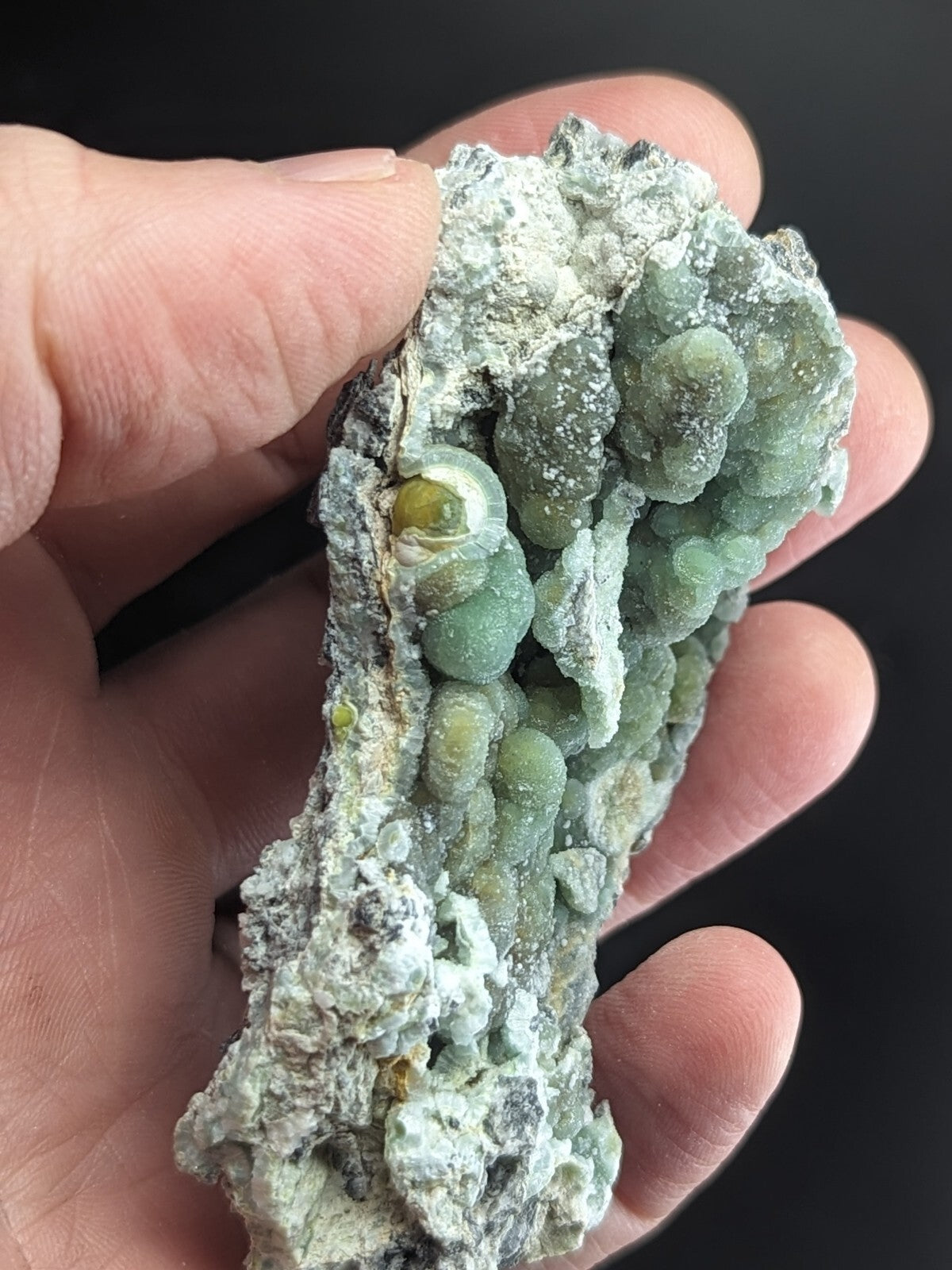 A hand holds a natural mineral specimen featuring translucent green, bead-like crystals growing from a rough, grayish matrix.