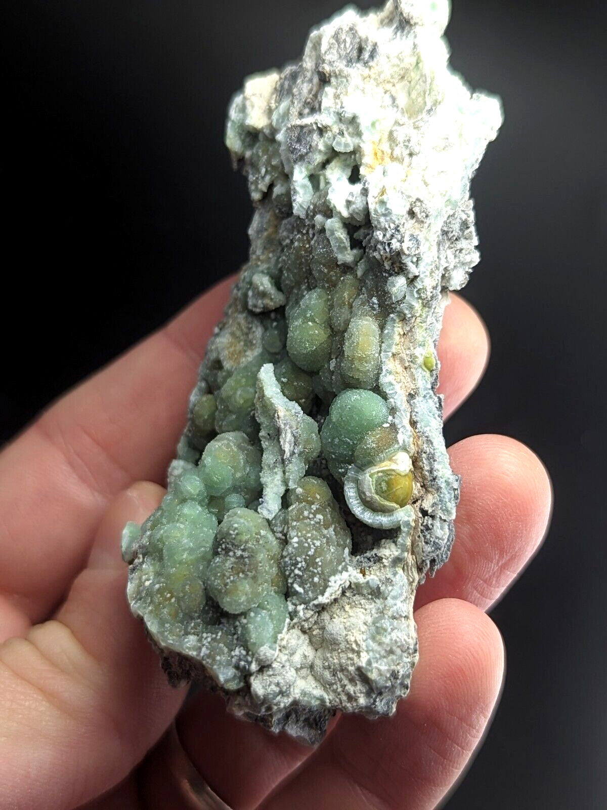 A hand holds a natural mineral specimen featuring clusters of translucent green and yellowish-green crystals growing from a rough, gray matrix.