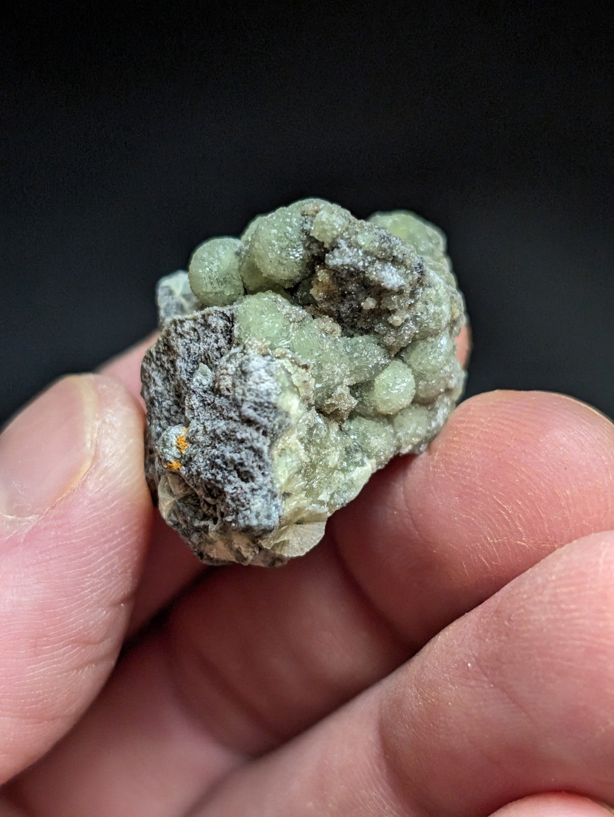 A cluster of pale green, spherical mineral formations nestled within a rough-textured matrix.