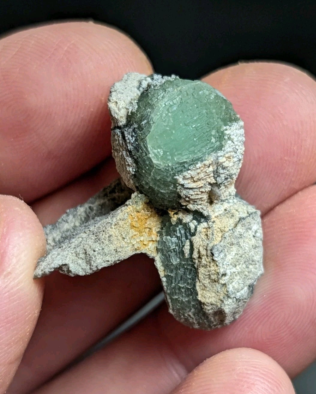 A smooth, translucent green mineral specimen with a rounded top and rough, textured matrix of gray rock.