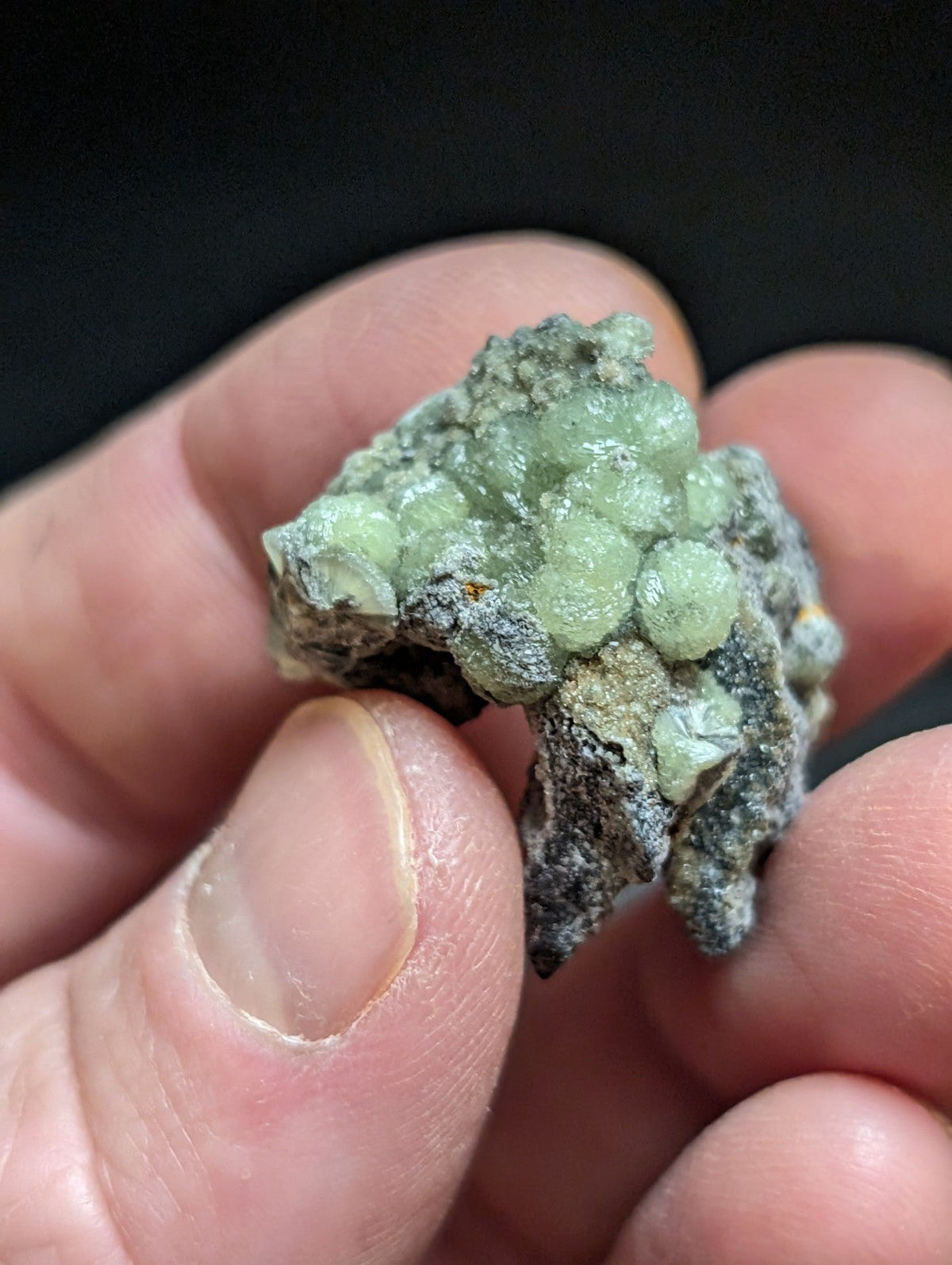 A cluster of translucent, pale green crystals growing from a dark gray rock matrix.