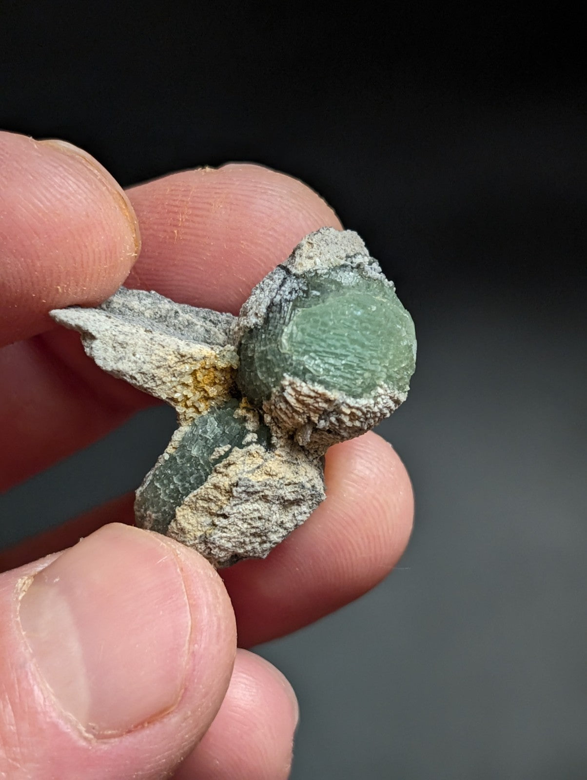 A green, textured mineral specimen with a rough, crystalline surface and patches of white and yellowish material.
