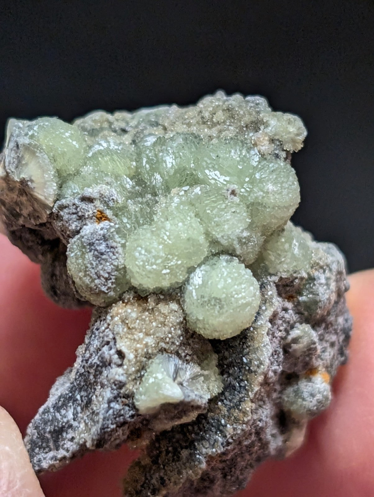 A cluster of translucent, pale green crystals growing from a dark gray rock matrix.