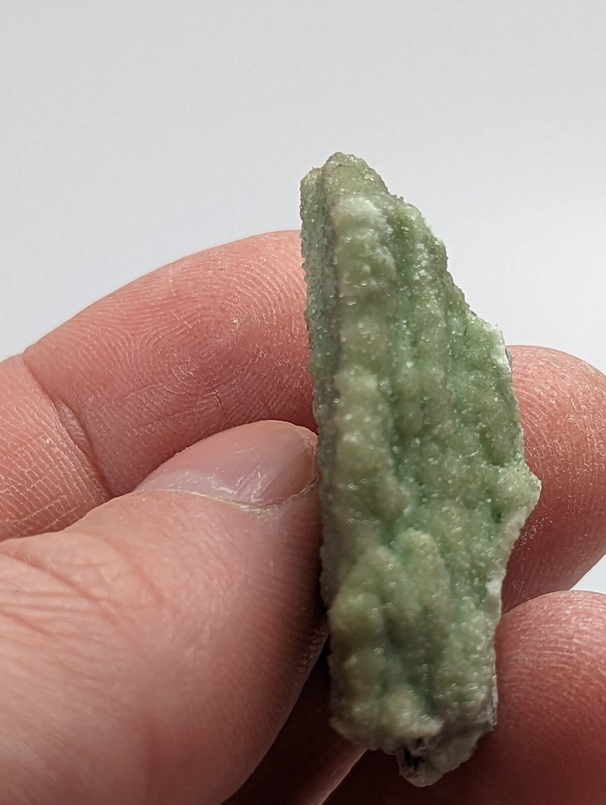 A textured, pale green mineral specimen with a rough, crystalline surface held between fingers.