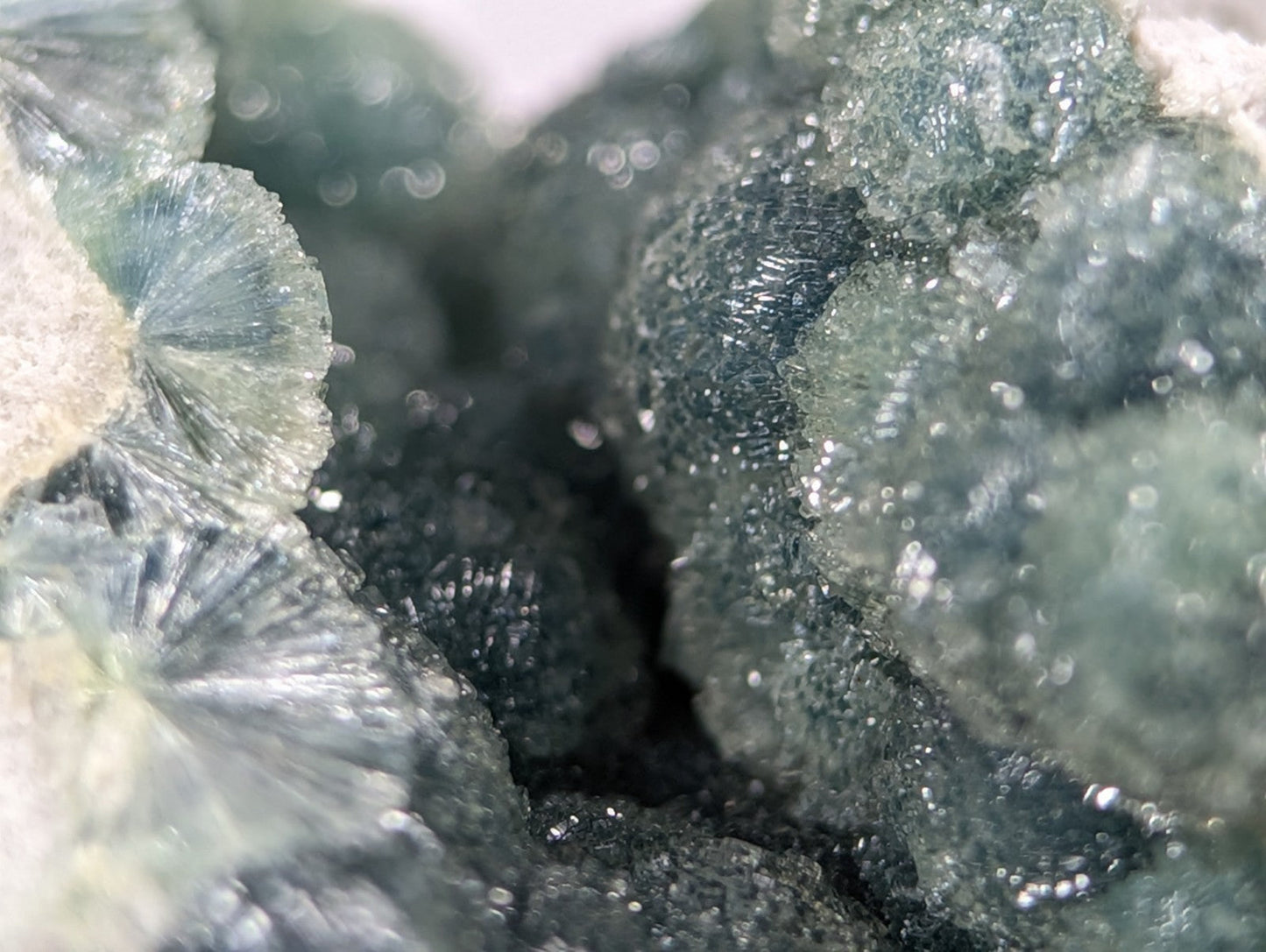 A cluster of translucent, greenish-blue crystalline formations with a delicate, fan-like structure and glistening surfaces.