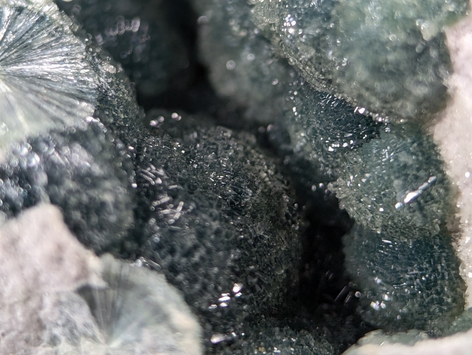 Dark green, crystalline mineral formations with a glossy surface and intricate, fan-like structures.