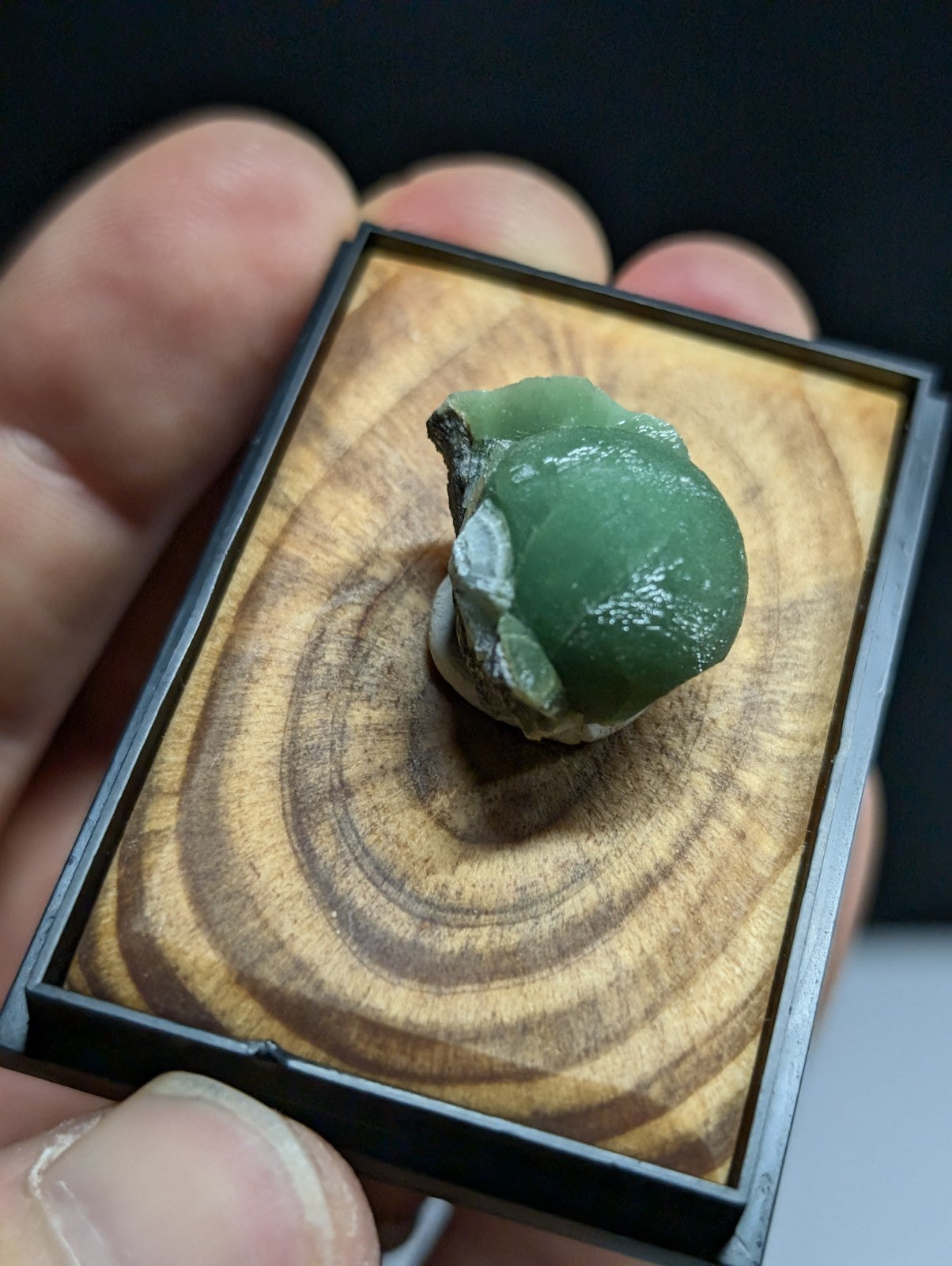 A smooth, translucent green jade stone with a polished surface and natural irregular shape.