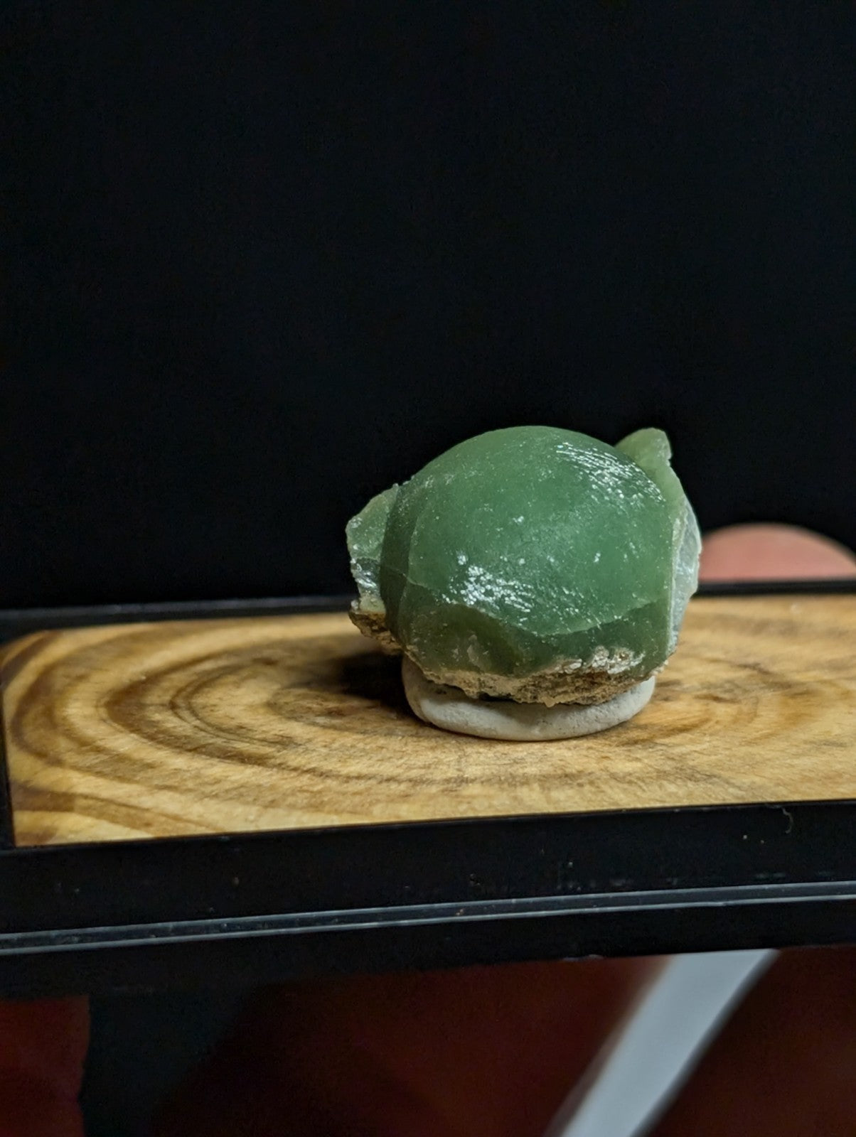 A polished, translucent green jadeite stone with a smooth, rounded surface and natural mineral inclusions.