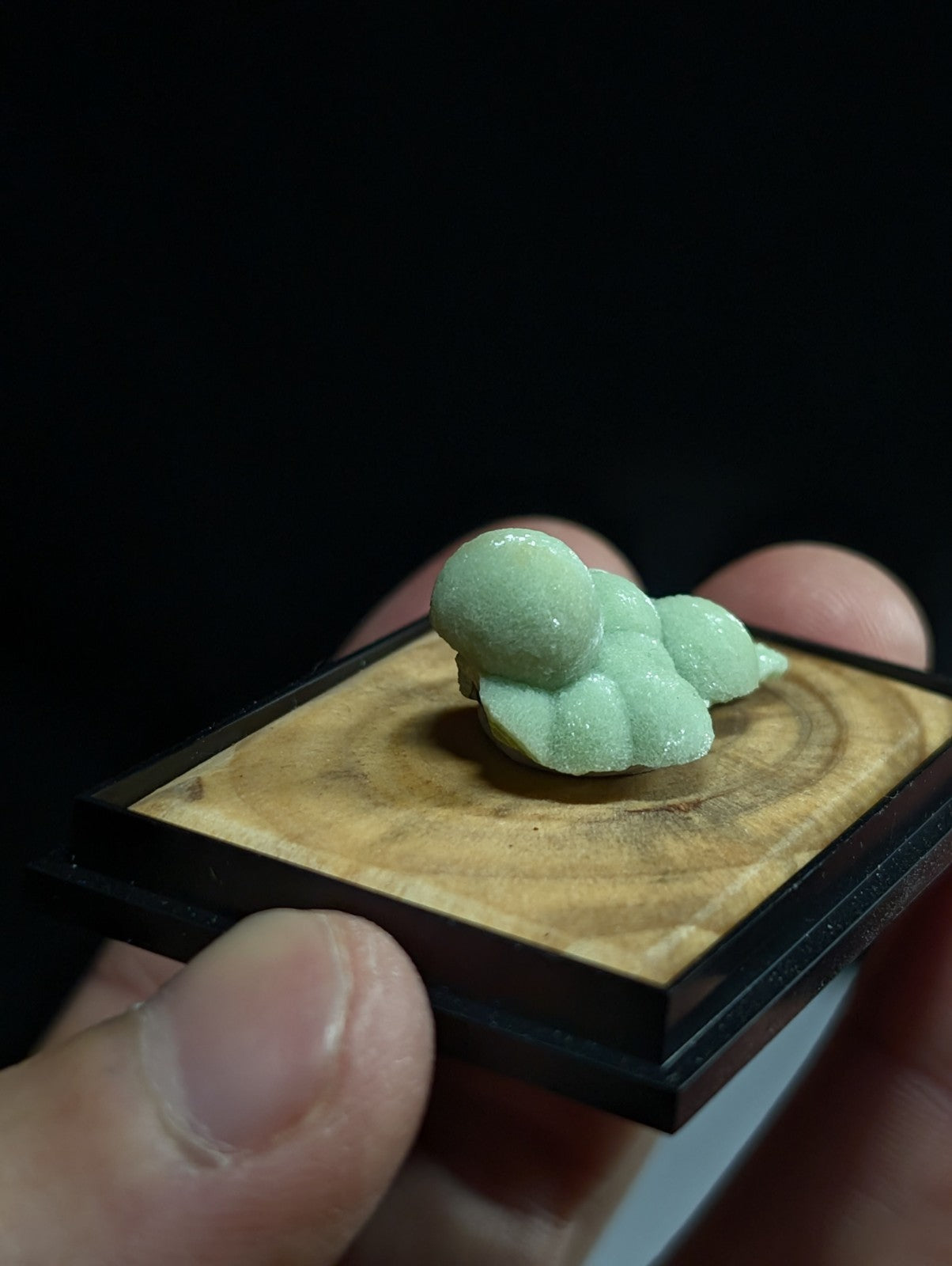 A delicate, light green jade figurine of a reclining octopus rests on a wooden display base.