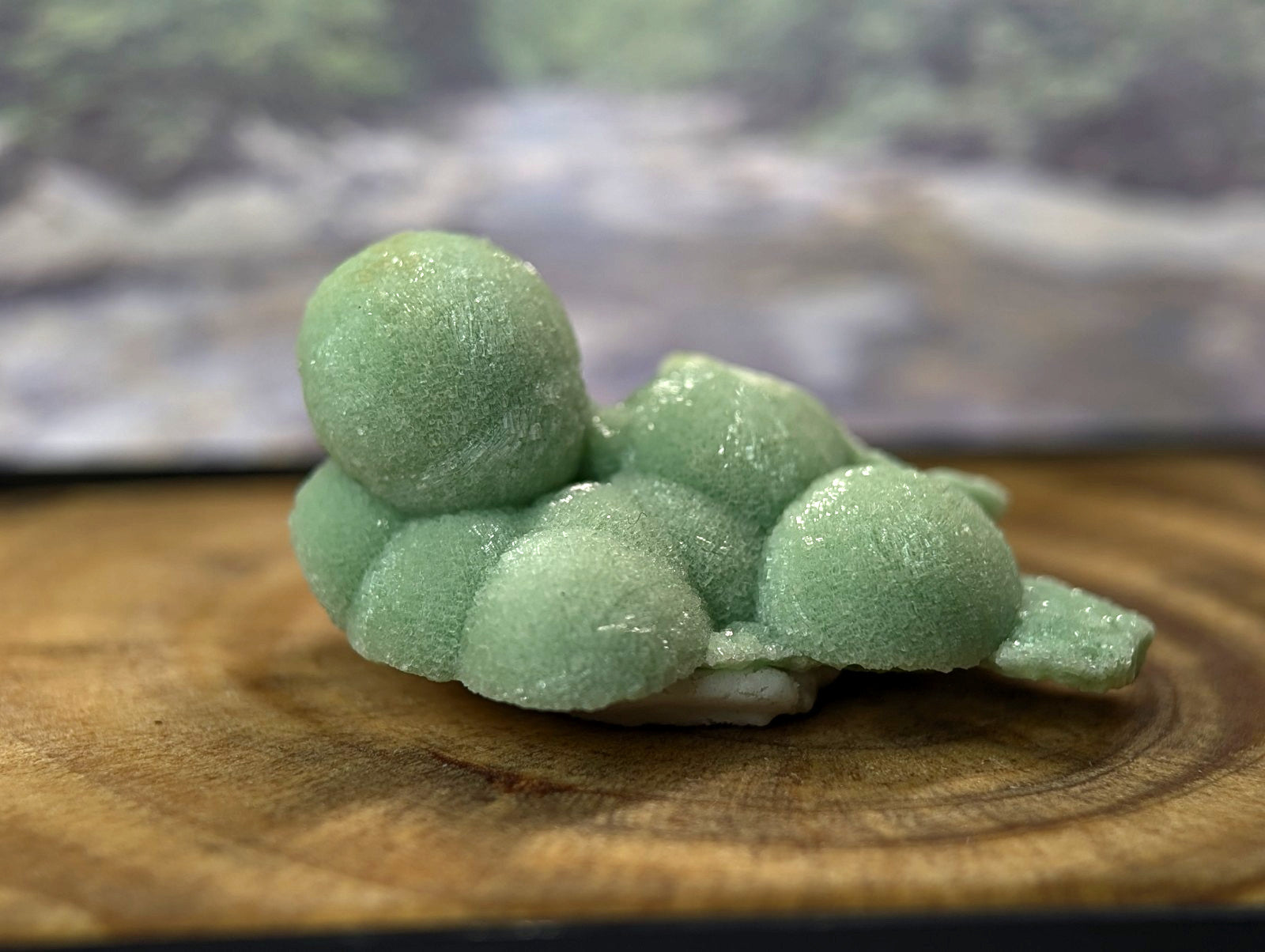 A light green, frosted, three-dimensional figurine resembling a stylized turtle or creature with rounded segments and textured surface.