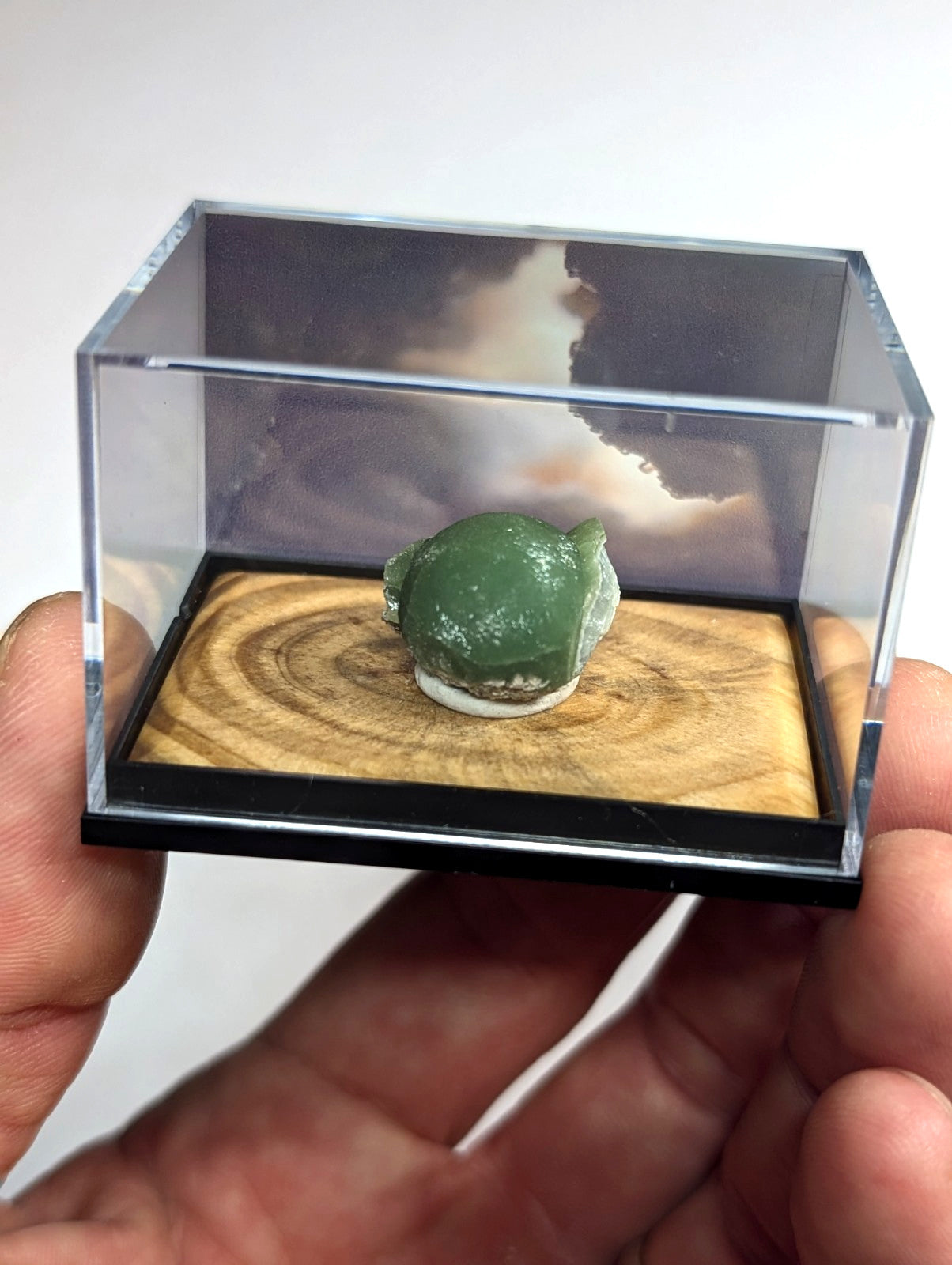 A small, smooth green jade figurine with a slightly textured surface and white base sits inside an acrylic display case.