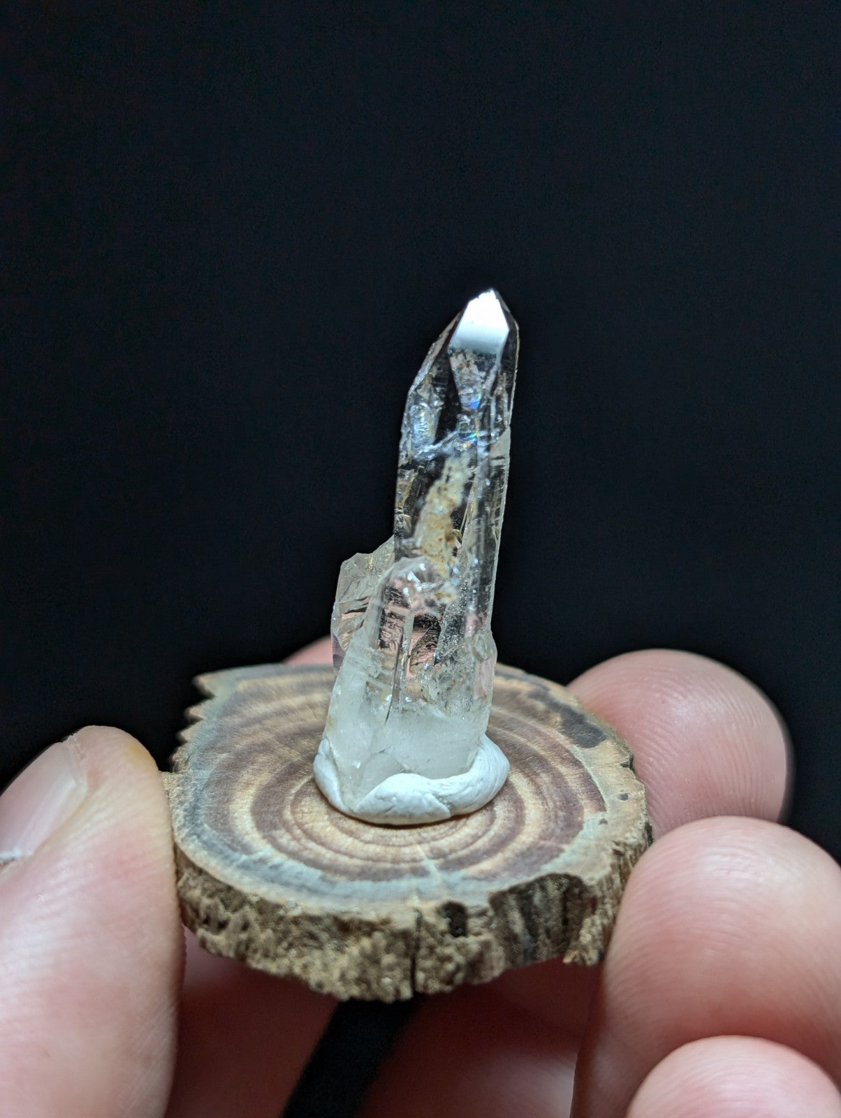 A clear quartz crystal with a pointed tip and natural inclusions, mounted on a rustic wooden slice.