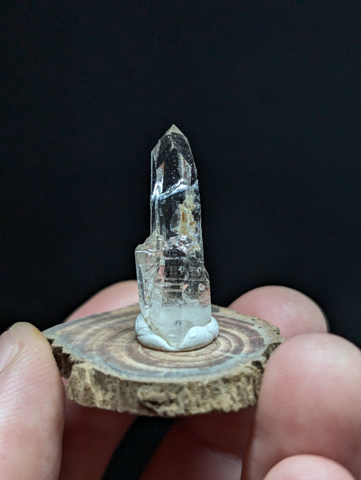 A clear quartz crystal with a pointed tip and natural inclusions, mounted on a rustic wooden slice.