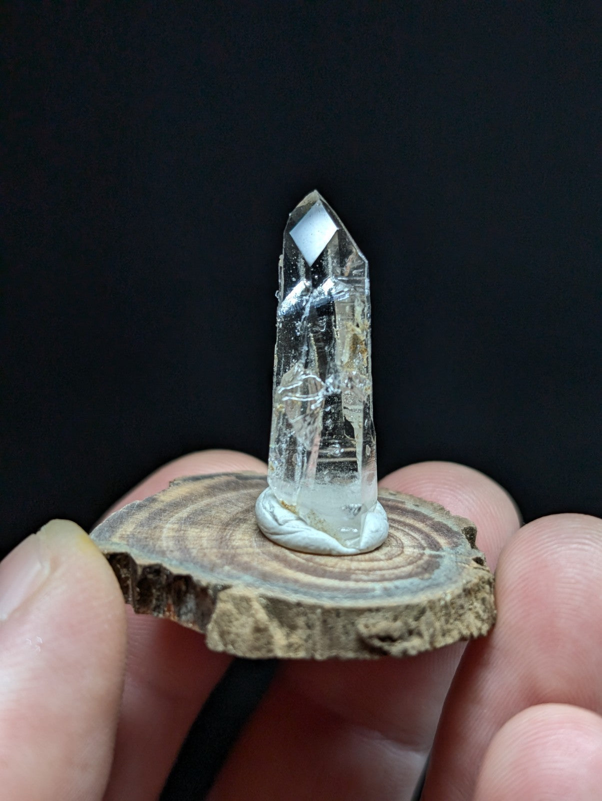 A clear quartz crystal with a pointed tip and visible internal inclusions, mounted on a circular wooden slice.