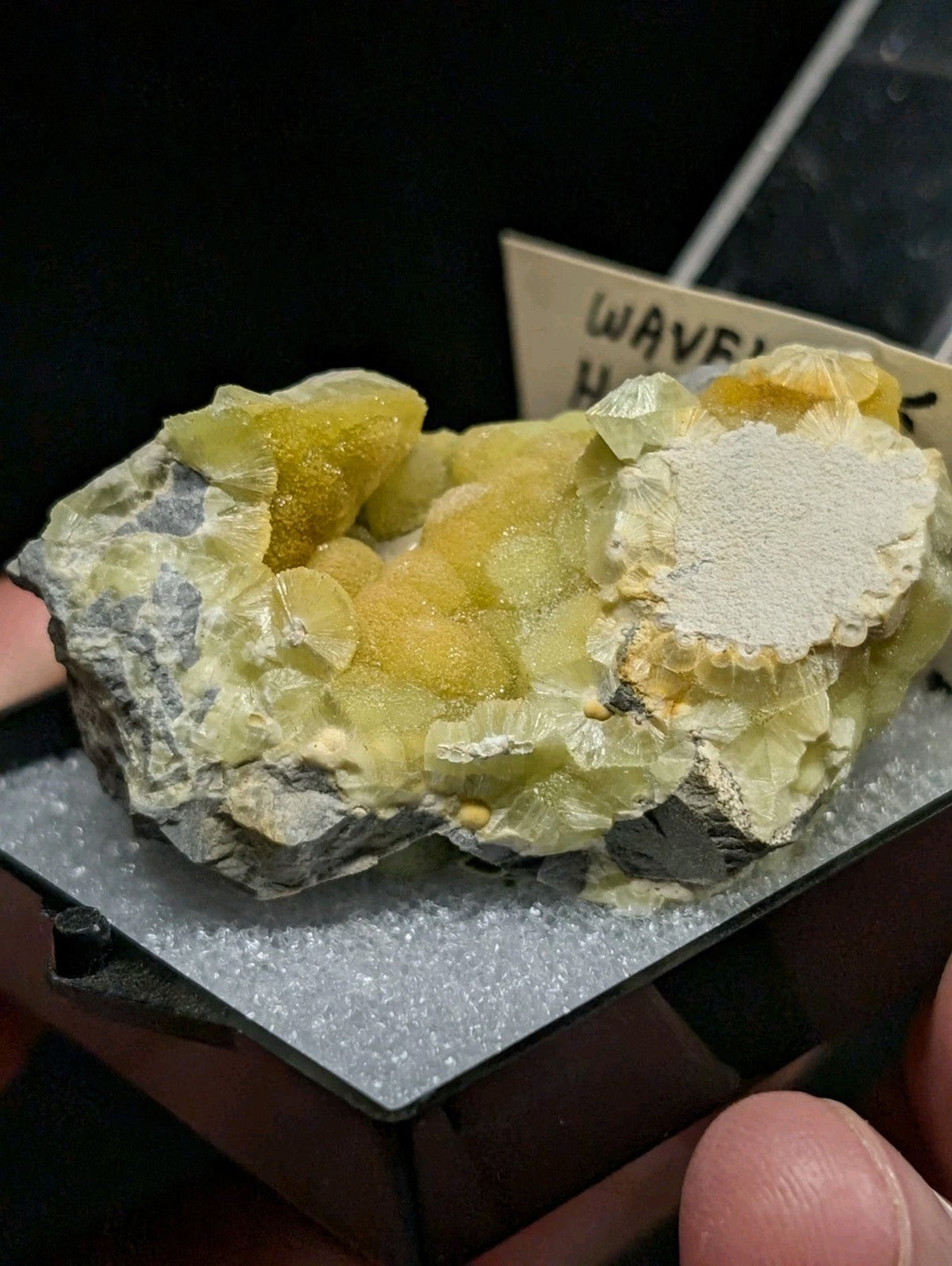 A vibrant yellow-green mineral specimen with crystalline formations and a contrasting white, powdery patch.