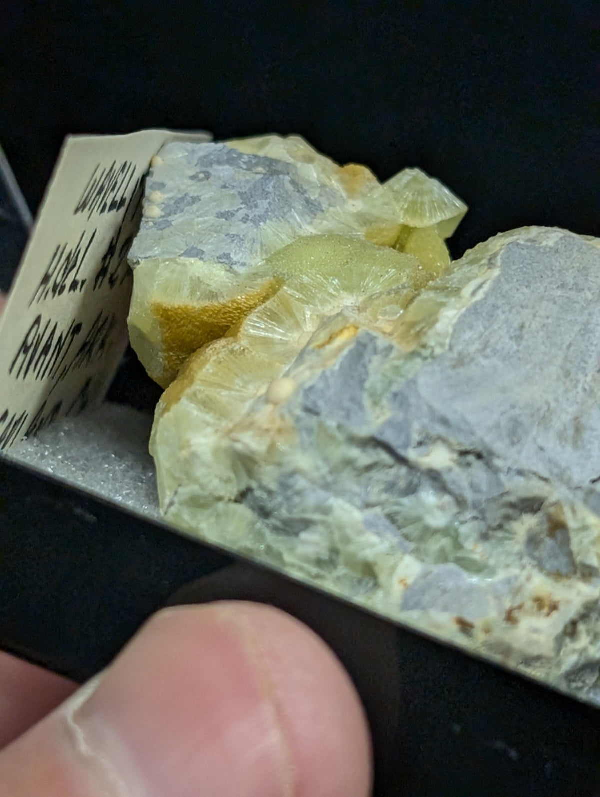 A translucent yellow-green mineral specimen with crystalline formations and gray matrix, displayed in a black case.