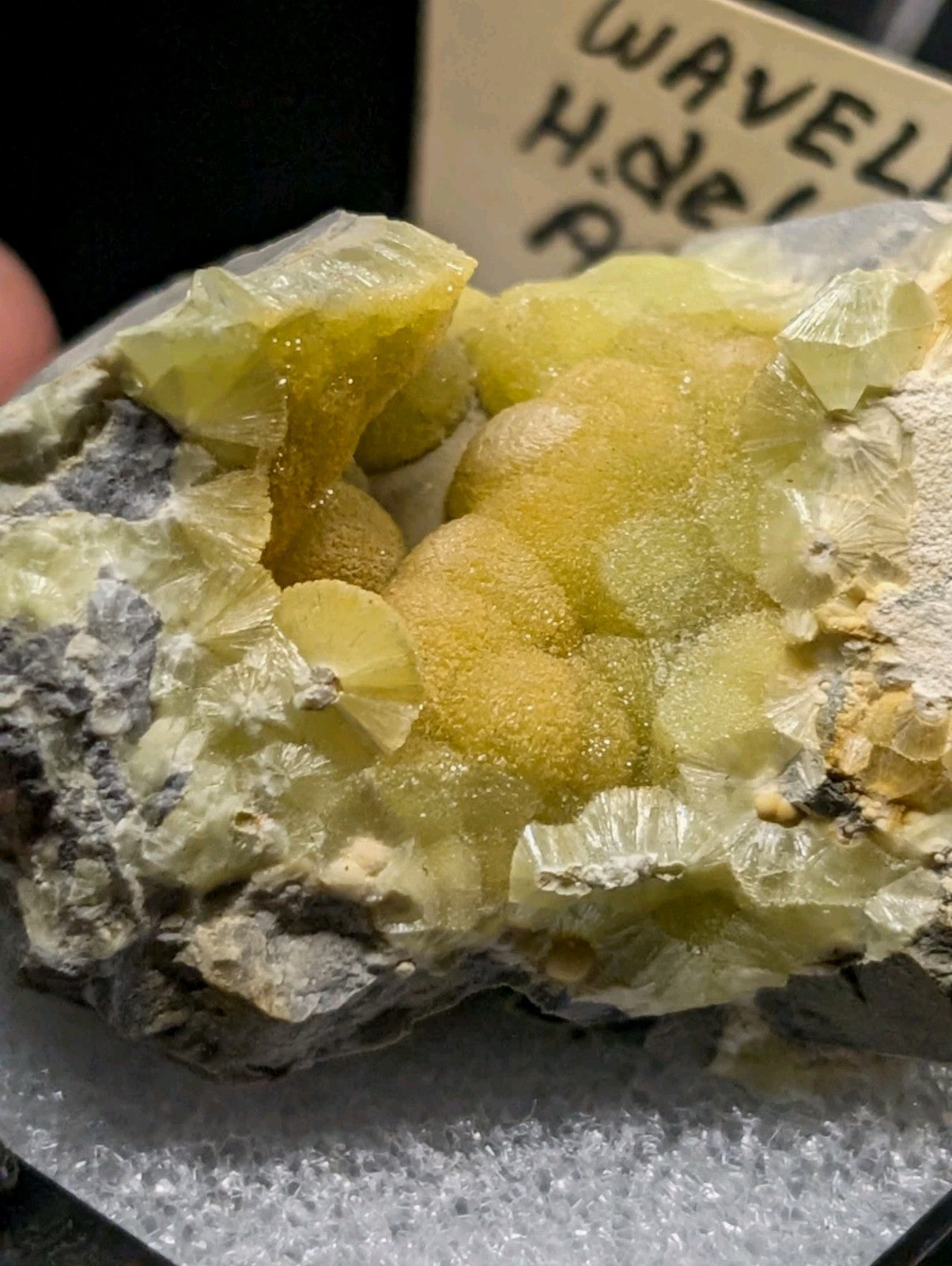 A vibrant yellow-green mineral specimen with crystalline formations and a rough, rocky base.
