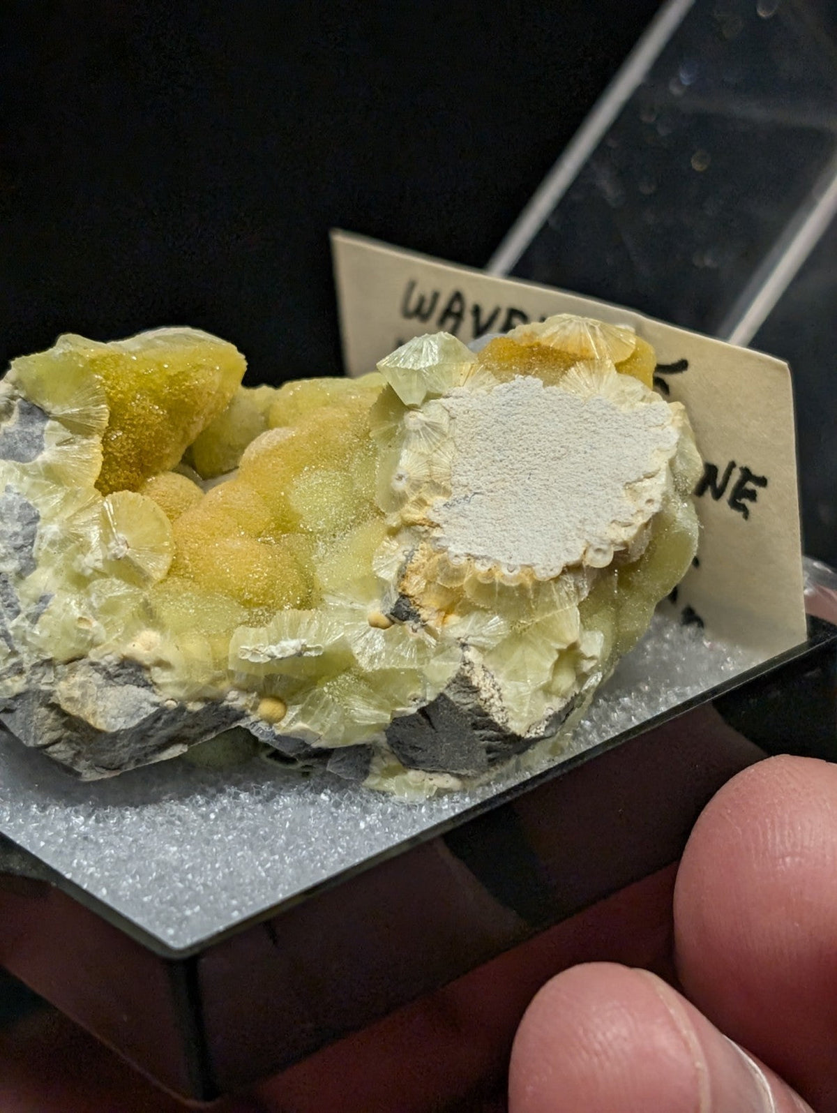 A vibrant yellow-green wavellite mineral specimen with a crystalline, textured surface and white powdery patches.